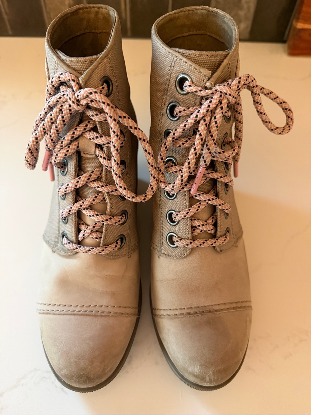 Sorel Taupe Canvas Combat Boots with Pink Laces